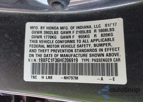 2017 Honda Civic Ex-T из США, поврежденный, VIN 19XFC1F36HE206919